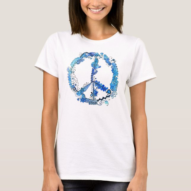 Camiseta Arte ilustrada da caneta do sinal de paz com azul (Frente)
