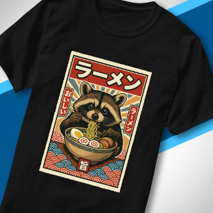 Camiseta Arte Japonês Retro de Guaxinim Fofinho Comendo Ram