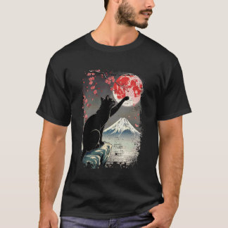 Camiseta Arte Japonês Vintage Gato Preto E Lua Vibe Retro
