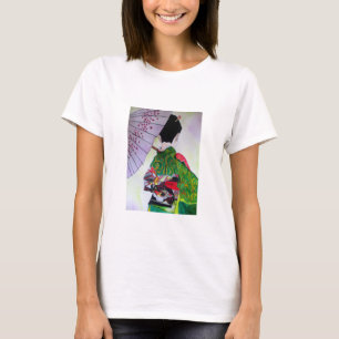 Camiseta Arte japonesa da gueixa com quimono e guarda-chuva