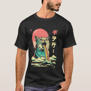 Camiseta Arte Japonesa de Monstro Kaiju Lendário Gato Chuva