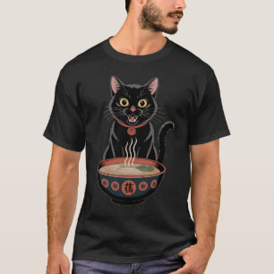 Camiseta Arte Japonesa de Ramen com Gato Preto Fofo e Diver