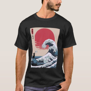 Camiseta Arte Japonesa Gato Preto Dizendo Bruh Ondas Gatos
