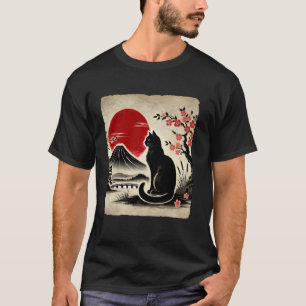 Camiseta Arte Japonesa Gato Preto Monte Fuji Flor de Cereje