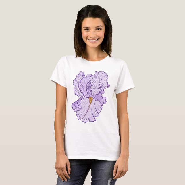 Camiseta Arte Linear de Flor de Íris Roxa (Frente Completa)