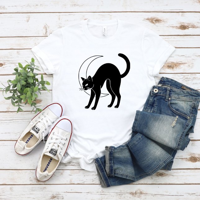 Camiseta Arte Linear de Gato Preto e Lua Crescente (Criador carregado)