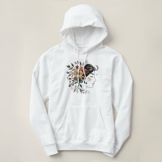 Camiseta Arte linear de rosto de menina floral (Frente do Design)