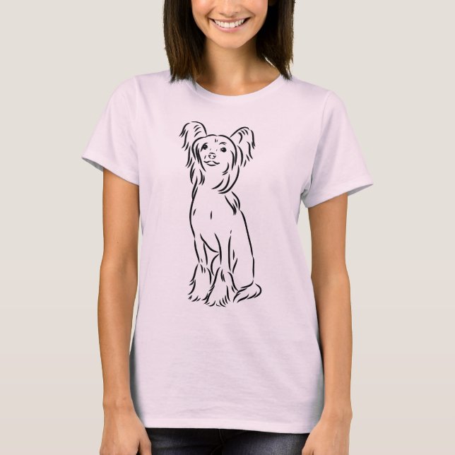 Camiseta Arte Linear do Cão Crestada Chinês (Frente)