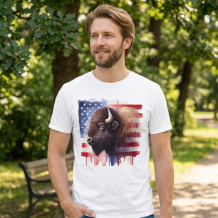 Camiseta Arte Magnífica de Bisonte Americano e Bandeira Pat