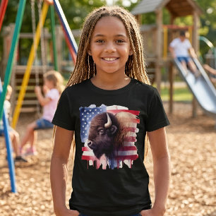 Camiseta Arte Magnífica de Bisonte Americano e Bandeira Pat