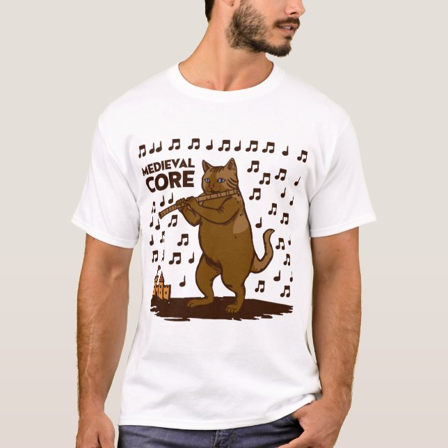 Camiseta Arte Medieval do Núcleo de Gato Engraçado Tocando  (Frente)