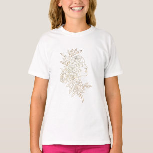 Camiseta Arte Minimalista de Linha Rosa Dourada Feminina