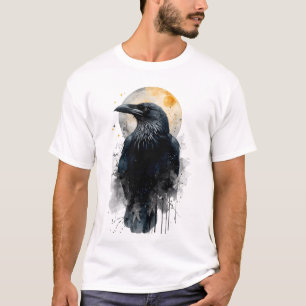 Camiseta Arte Mística de Aguarela de Corvo Lua Gótica Cor