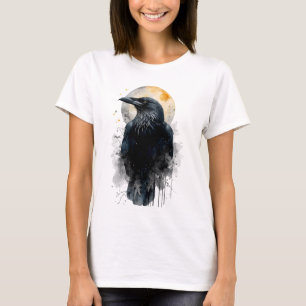 Camiseta Arte Mística de Aguarela do Corvo   Lua Gótica Cor