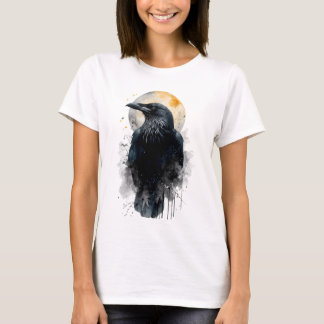 Camiseta Arte Mística de Aguarela do Corvo | Lua Gótica Cor