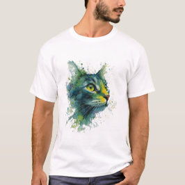 Camiseta Arte Moderna Rosto de Gato em Aquarela Verde Esmer