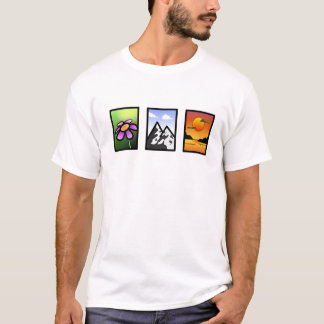 Camiseta Arte natural vibrante - flor, montanha, pôr do sol