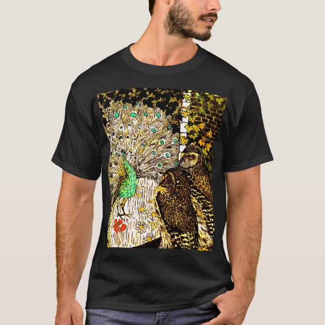 Camiseta Arte Neerlandesa Nouveau Peacock e Corujas (Frente)