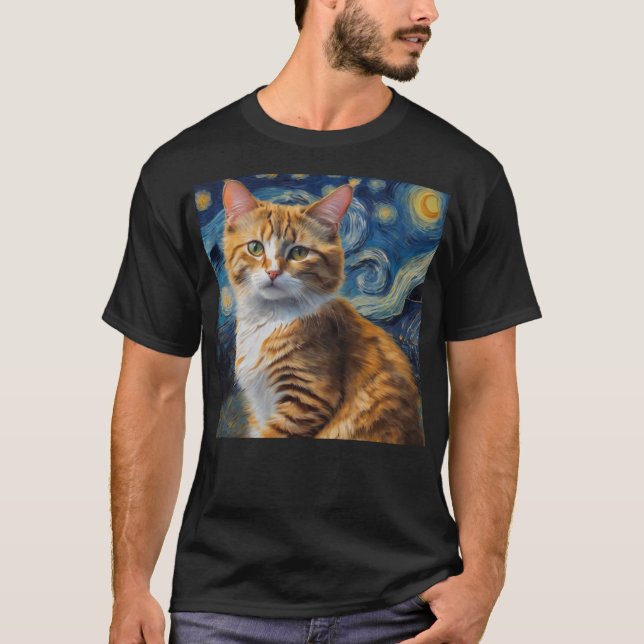 Camiseta Arte noturna estrelada com um gato (Frente)