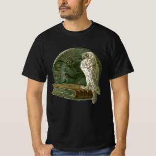 Camiseta Arte Nova Antiga com uma Coruja, Moeda e um Livro