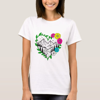 Camiseta Arte paisagística do Coração Floral Montanha