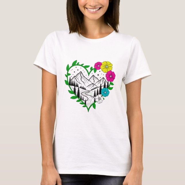 Camiseta Arte paisagística do Coração Floral Montanha (Frente)