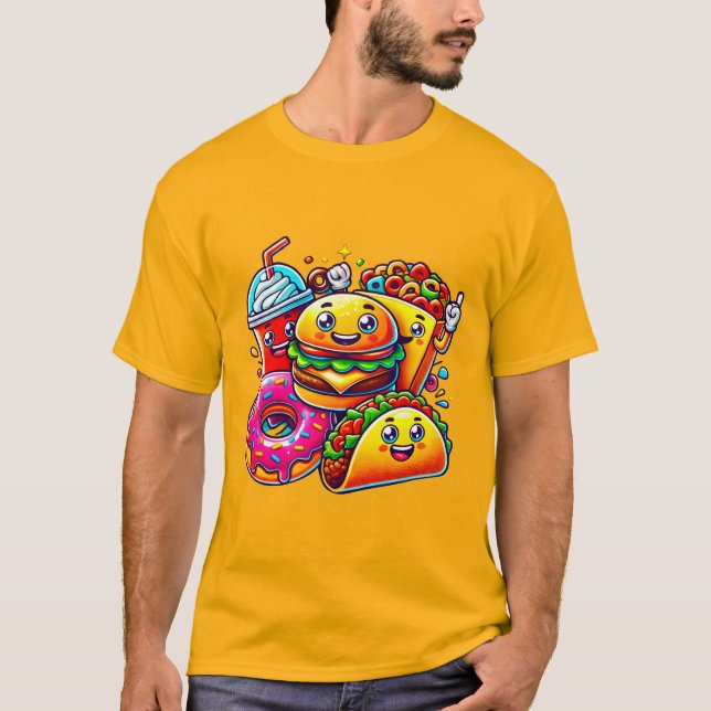 Camiseta Arte para Caracteres de Comida Rápida Feliz (Frente)