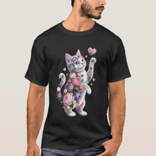 Camiseta Arte para donos de gatos florais fofos com coraçõe