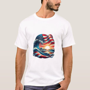 Camiseta Arte Patriótica do Pôr do Sol da Onda da Praia da