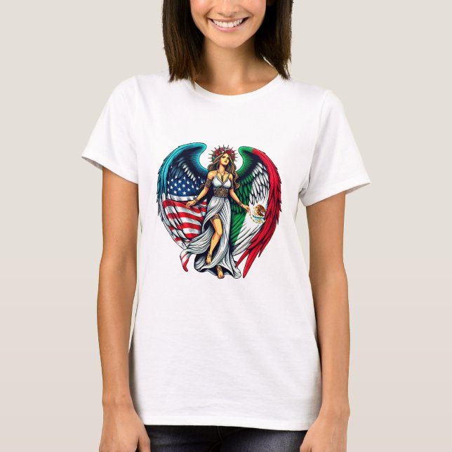 Camiseta Arte Patriótico de Mulher Anjo com Bandeiras Ameri (Frente)