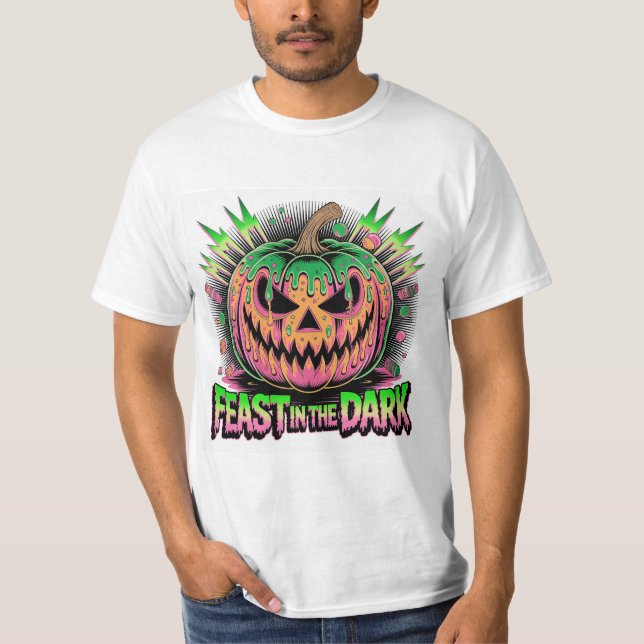 Camiseta Arte Pop de Abóbora Assustadora Vibrante (Frente)