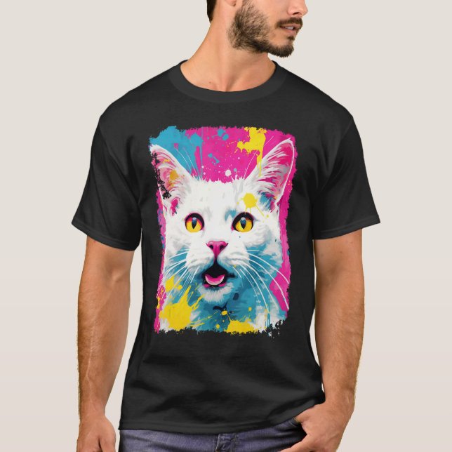 Camiseta Arte Pop de Gato Branco (Frente)