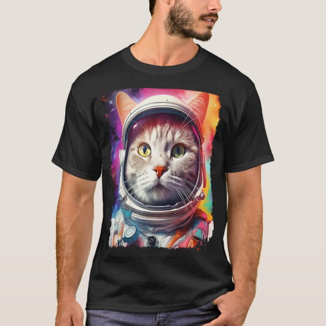 Camiseta Arte Pop Gato Branco Exploração Espacial (Frente)