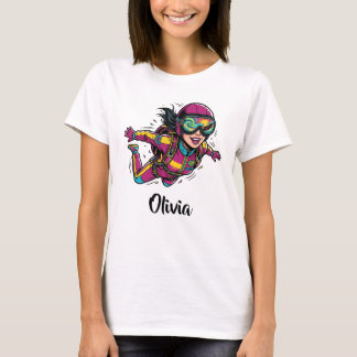 Camiseta Arte Pop Mulher Paracaidista Vibrante Retro