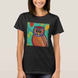 Camiseta Arte popular abstrata de coruja colorida e extrava