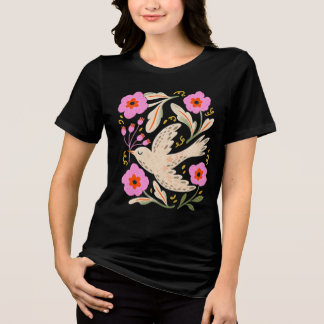 Camiseta Arte Popular de Pássaros e Flores Antigas