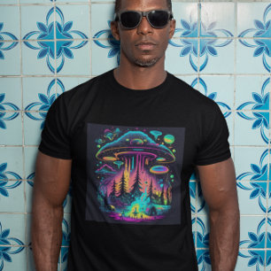 Camiseta Arte Psicodélica Cena OVNI Neon e Alien