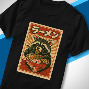 Camiseta Arte Retro de Comida Japonesa Guaxinim Comendo Ram