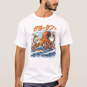 Camiseta Arte Retro de Monstro Kraken Japonês Kaiju
