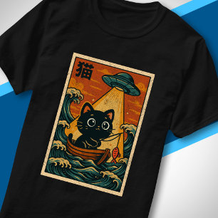 Camiseta Arte Retro de Onda Japonesa de Gato Fofo com OVNI 