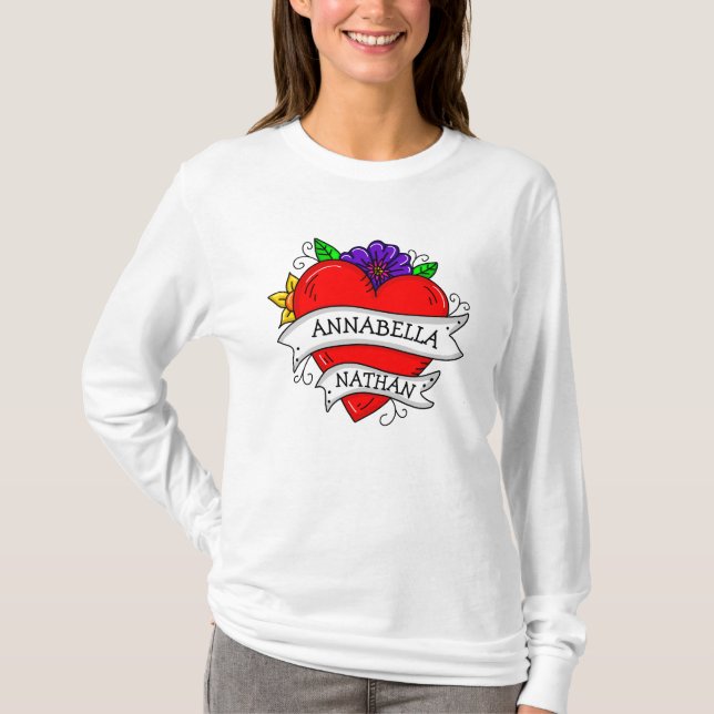 Camiseta Arte Romântica de Tatuagem Cardíaca do casal (Frente)