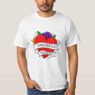 Camiseta Arte Romântica de Tatuagem Cardíaca do casal