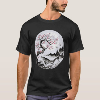 Camiseta Arte Sumi-e de Cerejeira em Flor do Mosassauro Jap