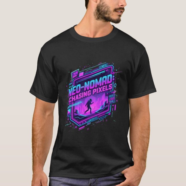 Camiseta Arte Synthwave Neo-Nômade Ciberpunk - Futuro Retrô (Frente)
