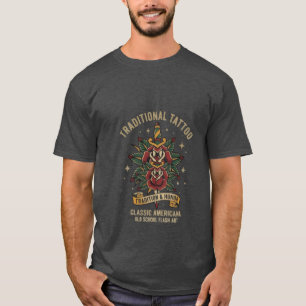 Camiseta Arte Tradicional de Tatuagem Old School Rosa Adaga