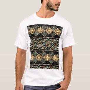 Camiseta Arte tribal, geometria étnica, padrão colorido.
