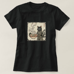 Camiseta Arte Ukiyo-e de Ramen de Macarrão com Gato Samurai