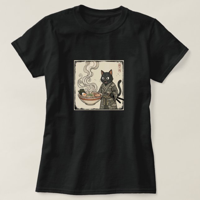 Camiseta Arte Ukiyo-e de Ramen de Macarrão com Gato Samurai (Frente do Design)