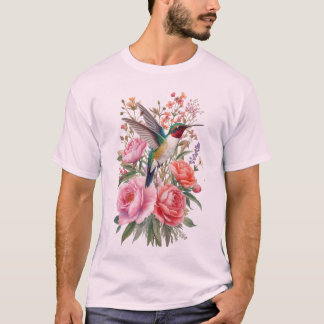 Camiseta Arte Vetorial de Aquarela Botânica de Beija-Flor