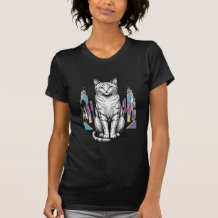 Camiseta Arte Vetorial de Cidade de Gato Cibernético Gravad